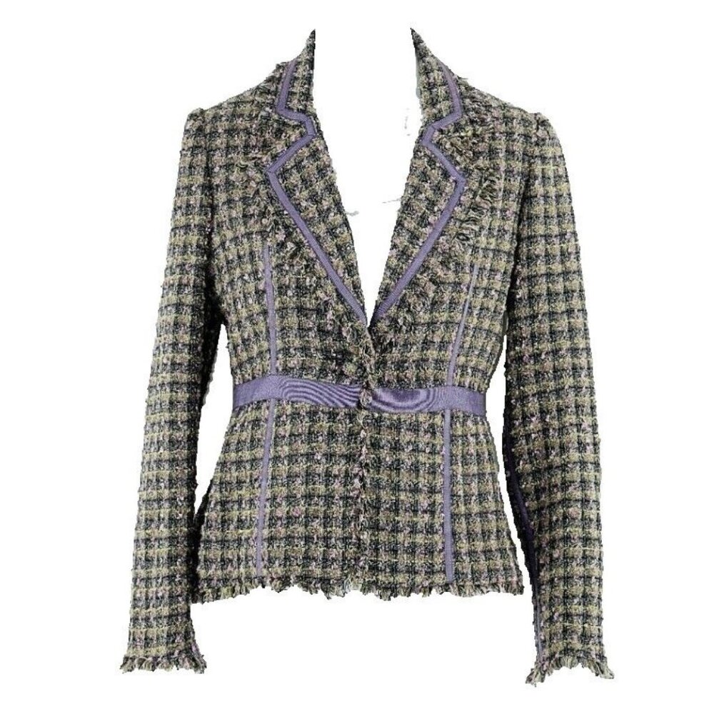 True Meaning Sz 0 Green Purple Plaid Tweed Acrylic Polyester Rayon Jacket